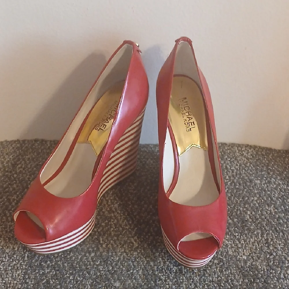 Michael Kors Red and White Striped Wedges Size 6